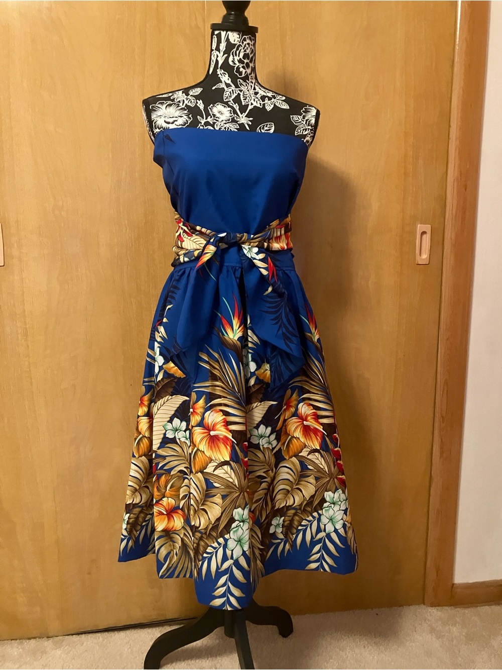 Strapless Royal Blue Tropical Floral Midi Dress with Tie Waist